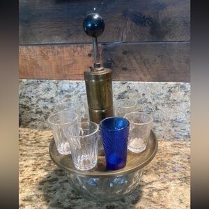 Vintage Park Sherman Mid Century Modern brass glass liquor pump 6 shot glasses.
